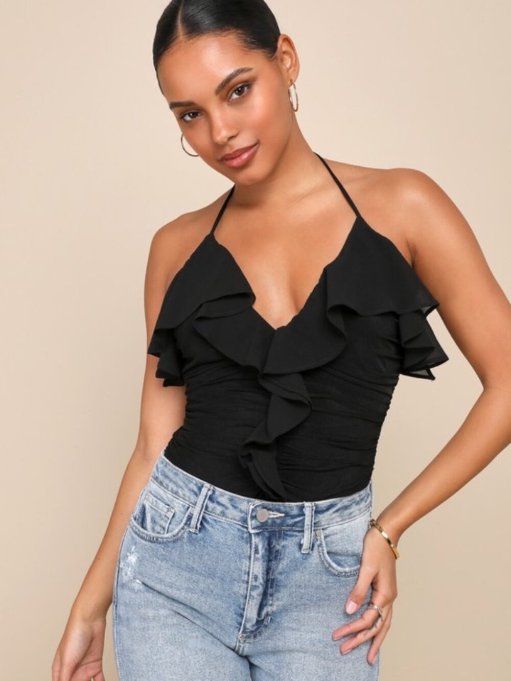 Lulus Passionate Flirt Black Mesh Ruched Ruffled Halter Bodysuit - Size M